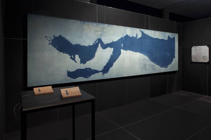 Country of the Sea, Cyanotype and Wharfage publication, Transmediale, Install View